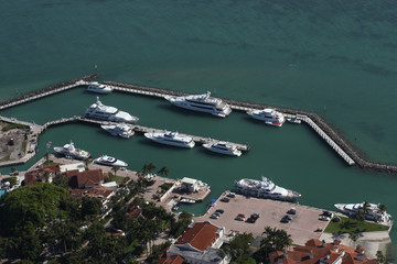 Aerial view of luxury yachts in a marina in Miami Florida