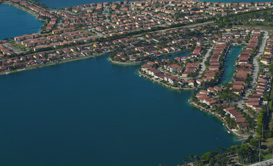 Aerial view of lakefront homes and canals in Florida