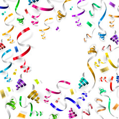 Colorful ribbons and confetti falls isolated on white background.