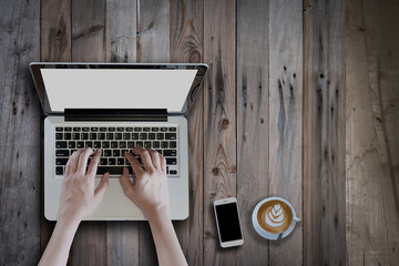 Fototapeta premium office desk mockup: laptop, smart phone, and cup of coffee and l