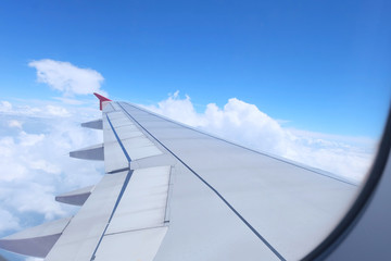 Wing of an airplane, above the clouds and blue sky