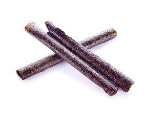 Seaweed nori rolls snack chips on white background