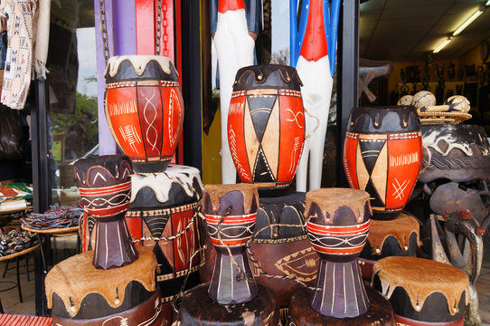 Wooden bongos in a traditional african shop