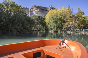 Jucar river, boat of recreation in small lagoon in the central park, Alcala del Jucar