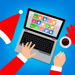 Hi-tech Santa Claus playing game on a laptop with computer mouse. Hands top view, flat design illustration. Funny Christmas celebration concept.