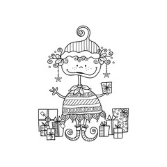 Cute christmas elf with presents and stars on a white background, vector illustration.