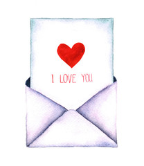 Watercolor valentine hearts and mails. Watercolor retro envelope. Vintage mail icon isolated on white background. Hand painted design element. Envelope with a letter - painted in watercolor.