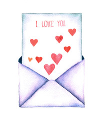 Watercolor valentine hearts and mails. Watercolor retro envelope. Vintage mail icon isolated on white background. Hand painted design element. Envelope with a letter - painted in watercolor.