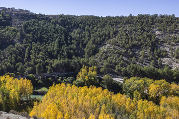 Panoramic view of the valley of the river Jucar during autumn, Spain
