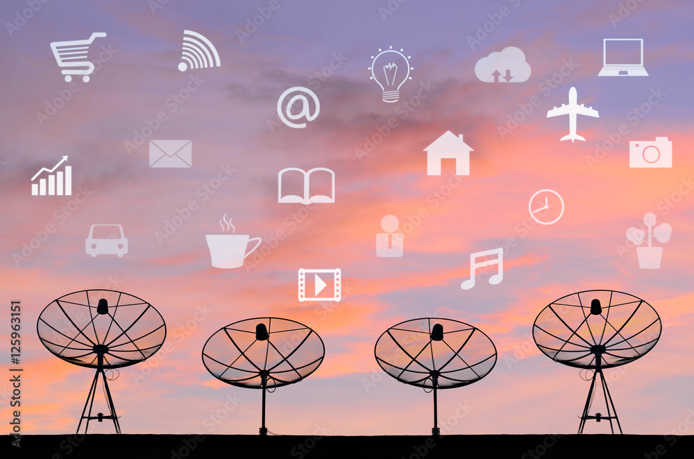 Wall mural Satellite Dishes for telecommunication and sunrise sky backgroun