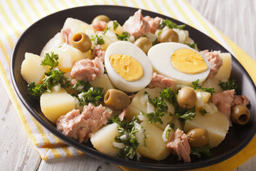 Spanish cuisine: Patatas Alinadas - Potatoes with Dressing closeup. Horizontal