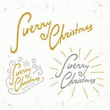 Merry Christmas set. Gold silver calligraphy typography composition. Lettering holiday overlay template vector for greeting cards, photo, banner, flyer or party invitation.