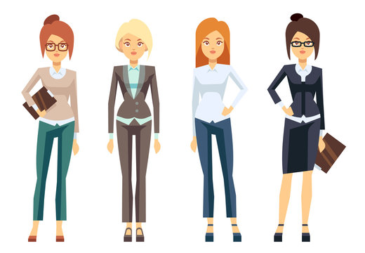 European businesswoman clothes, young female professional woman vector set