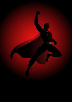 Superhero flying on dramatic red background