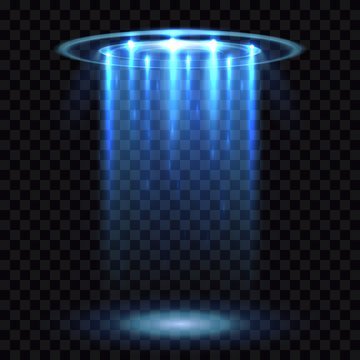 UFO light beam, aliens futuristic spacecraft isolated on transparent checkered background vector illustration