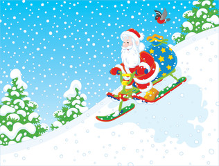 Santa Claus with his bag of Christmas gifts sliding down the snow hill on a snow-scooter
