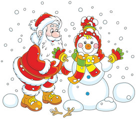 Santa Claus making a funny smiling snowman with a cap, a scarf and mittens