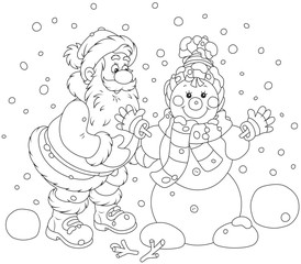 Santa Claus making a funny smiling snowman with a cap, a scarf and mittens