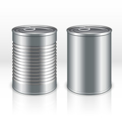 Blank metal products container, tin cans isolated on transparent checkered background. vector mockups