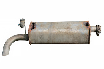 Old car muffler. Front and corrosion damage.