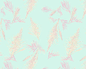 Fototapeta premium Grevillea flowers and leaves. Australian native. Pink shades and cream on pale aqua background. 