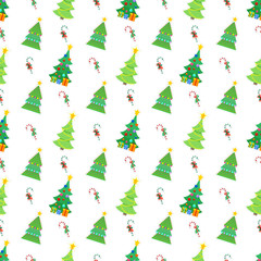 Merry Christmas and Happy New Year Seamless Pattern with Christmas Trees and Candies. Winter Holidays Wrapping Paper. Vector background