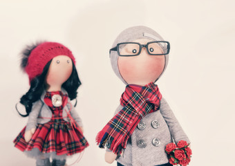 Handmade rag dolls with natural hair : a couple of hipsters in autumn clothes