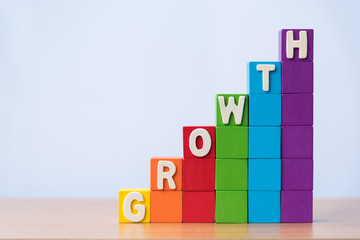 text GROWTH on stack of colorful wood cube building blocks