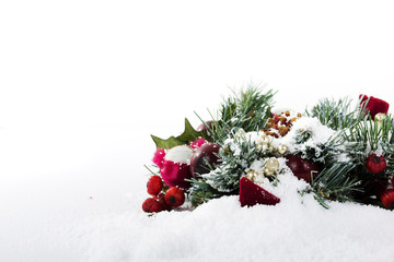 Christmas decorations on white snow for background