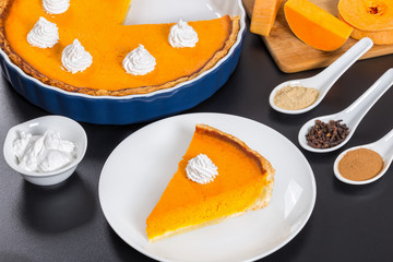 slice of Pumpkin tart - traditional dessert for festive dinner