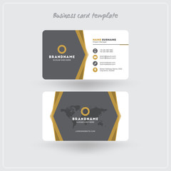 Golden and Gray Business Card Print Template. Personal Visiting Card with Company Logo. Clean Flat Design. Rounded Corners. Vector Illustration. Business Card Mockup with Shadows