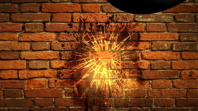 An iron ball on the chain is hit a brick wall. Wrecking Ball hit the wall to demolish her. Allegory, illustration