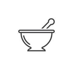 Mortar and pestle line icon, Kitchen pounder outline vector sign, linear pictogram isolated on white. logo illustration - obrazy, fototapety, plakaty