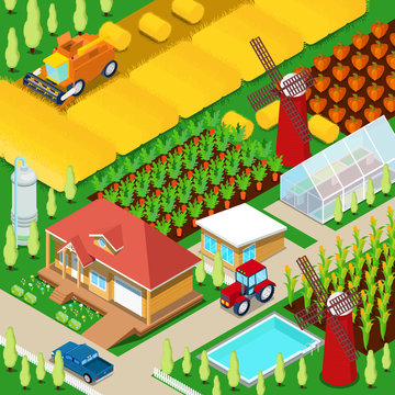 Isometric Rural Farm Agricultural Field with Greenhouse and Windmill. Vector 3d flat illustration