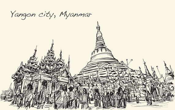 sketch cityscape of Yangon, Myamar image of Shwedagon pagoda,