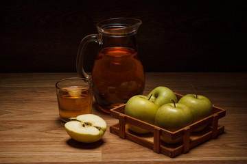 Green apples in the wooden basket