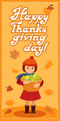 Happy thanksgiving day card with child leafs and congratulation lettering. Vector illustration family holiday. Girl basket.