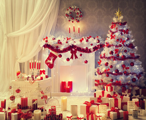 Christmas Room Interior, Xmas Tree Fireplace Presents, House Decoration