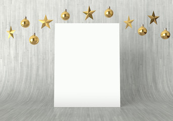 Blank poster with hanging golden balls and stars ornaments on curved wooden background. For new year or christmas theme. 3D rendering.
