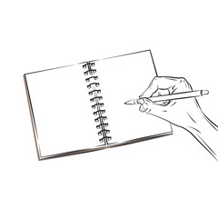 Hand with pen and open book. Vector illustration isolated