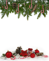 Christmas decoration  four-fifths with balls, snowflakes, cones and gift and lollypops on white background.