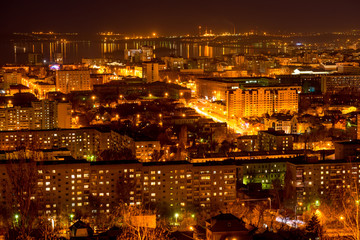nightlife Russia, the evening city of Saratov with Volga River