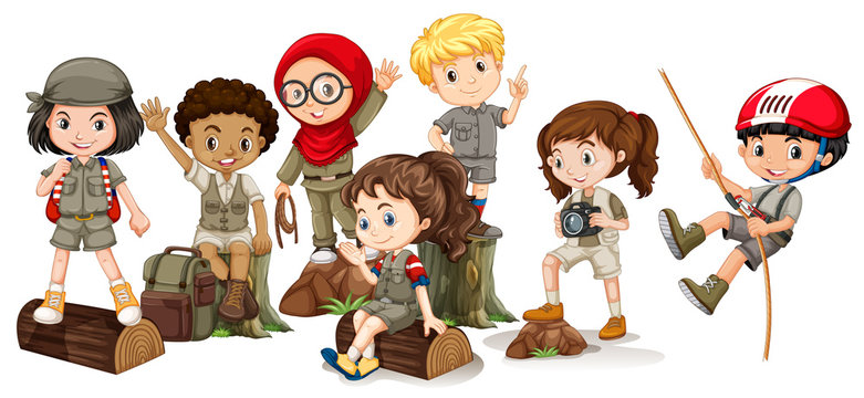 Boys and girls in camping outfit