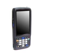 Handheld laser barcode scanner reader with blank isolated screen. Isolated on white background