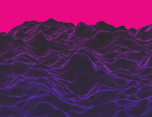 Wavy linear colorful procedural terrain. Striped digital extraterrestrial landscape. Trendy wireframe cybernetic mountains. Modern illustration for a background. Element of design. - 125975309