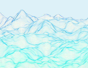 Wavy linear colorful procedural terrain. Striped digital extraterrestrial landscape. Trendy wireframe cybernetic mountains. Modern illustration for a background. Element of design. - 125975313
