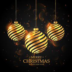 golden christmas balls on black background. merry christmas gree