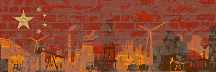 Energy and Power icons set on China flag backdrop. Header or footer banner. Sustainable energy generation and heavy industry. Brick wall textured