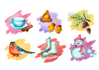 Naklejka premium Winter simbols set. Watercolor