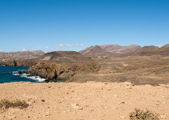Rock coast near La Pared village on the south western part of Fuerteventura . Canary Islands, Spain